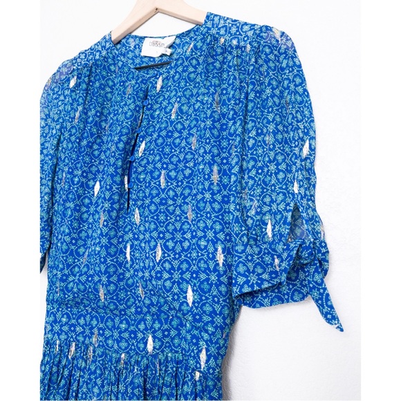 ba&sh Madrid Silk Metallic Print Blouson Mini Dress S Bohemian Lightweight Pleat - Picture 7 of 11